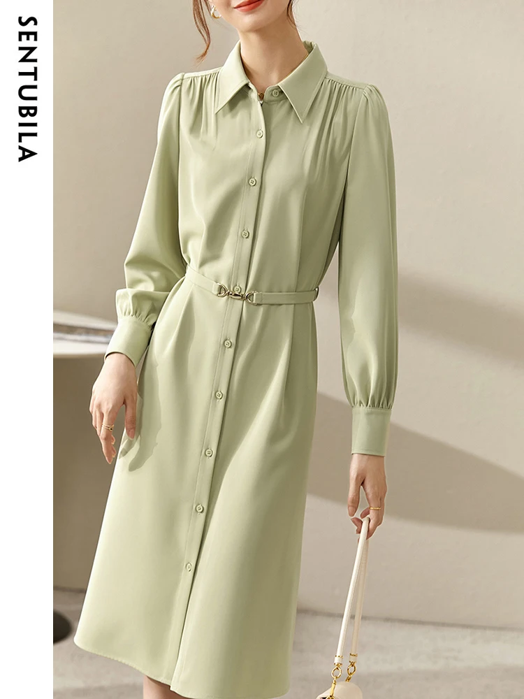 SENTUBILA French Summer Shirt Dresses for Women 2024 Elegant Simple Turn-down Collar Long Sleeve Straight Midi Dresses