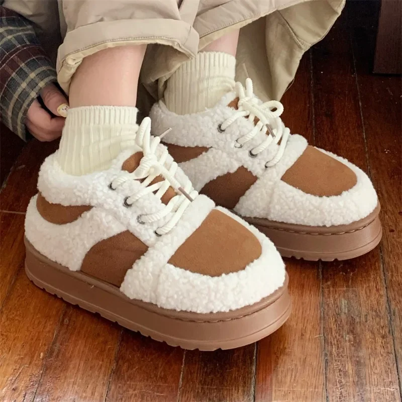 

2025 Winter Korean Wind Fashion Warm Cotton Shoes Comfortable Wool Thicken Ankle Boots Bread Lace Up Non-slip Boots Botas Mujer