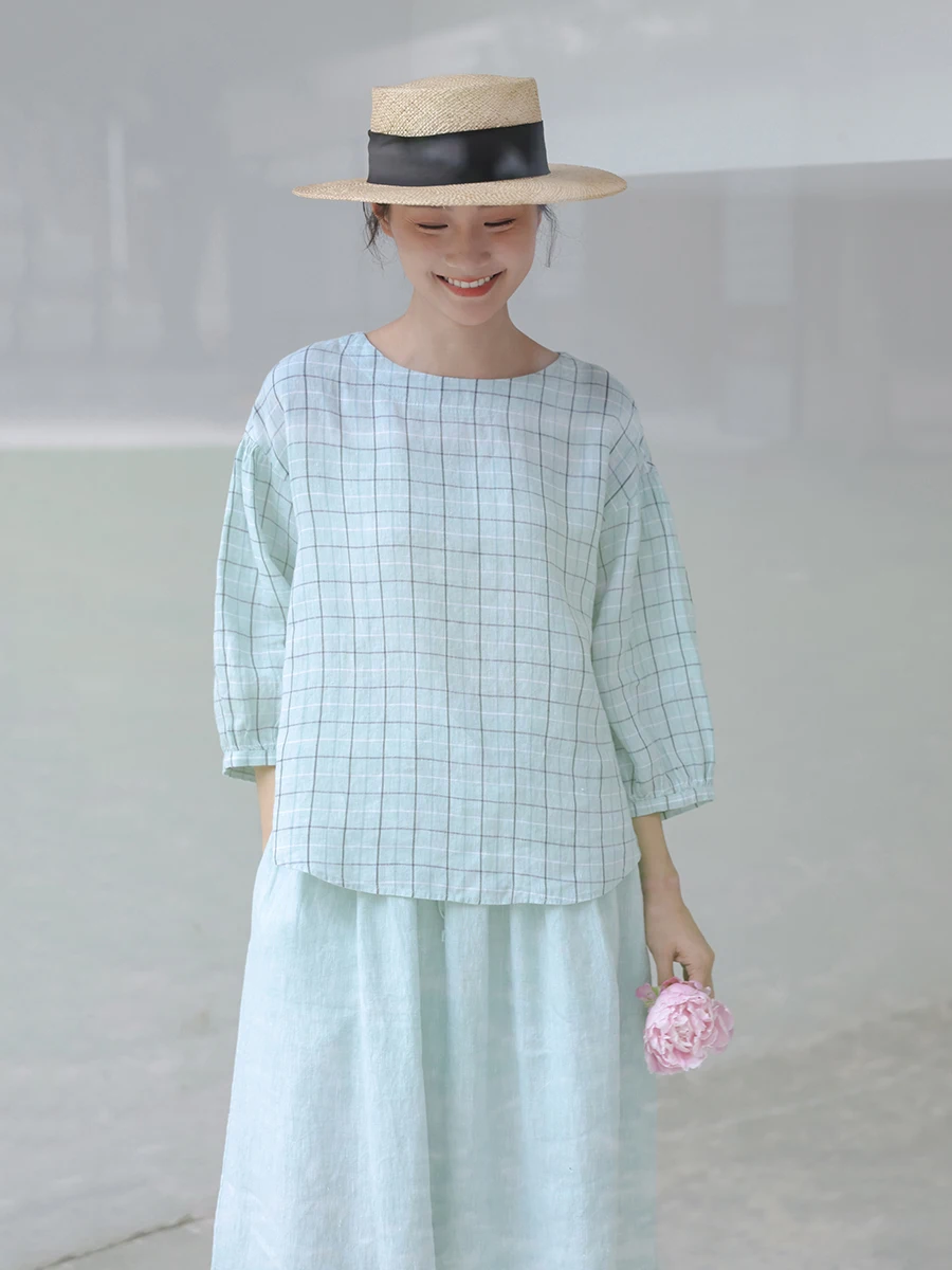 

Новая летняя женская рубашка SpenceBryson из высококачественного льна, льняная, голубая в клетку, оригинальный дизайн, свободный крой, дышащая, комфортная