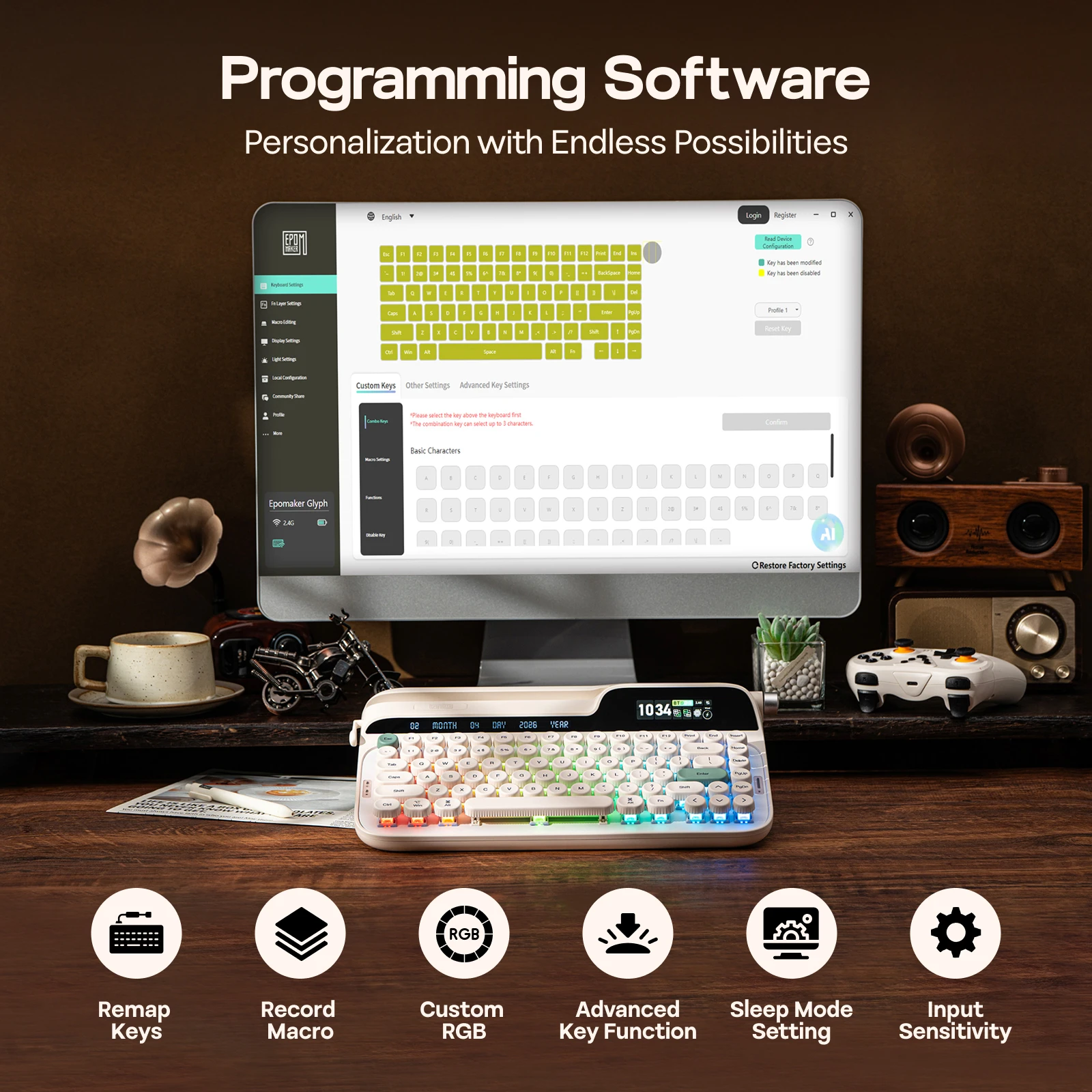 EPOMAKER Glyph 75% ANSI US Layout Przewodowa/Bezprzewodowa 2.4Ghz/BT Klawiatura Mechaniczna w Stylu Retro z Ekranem TFT i Pokrętłem — zdjęcie produktu 4