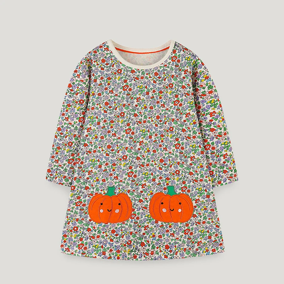 Autumn Charming Floral Girls Casual Pumpkin Embroidery Dress Perfect for Festive Celebrations Halloween Gatherings Leisure Wear