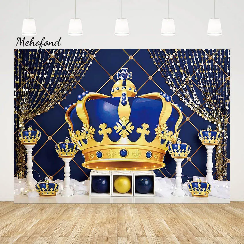 Mehofond Little Prince Royal Crown Backdrop Blue Boy 1st Birthday Photography Background Party Cake Smash Decor Photo Studio