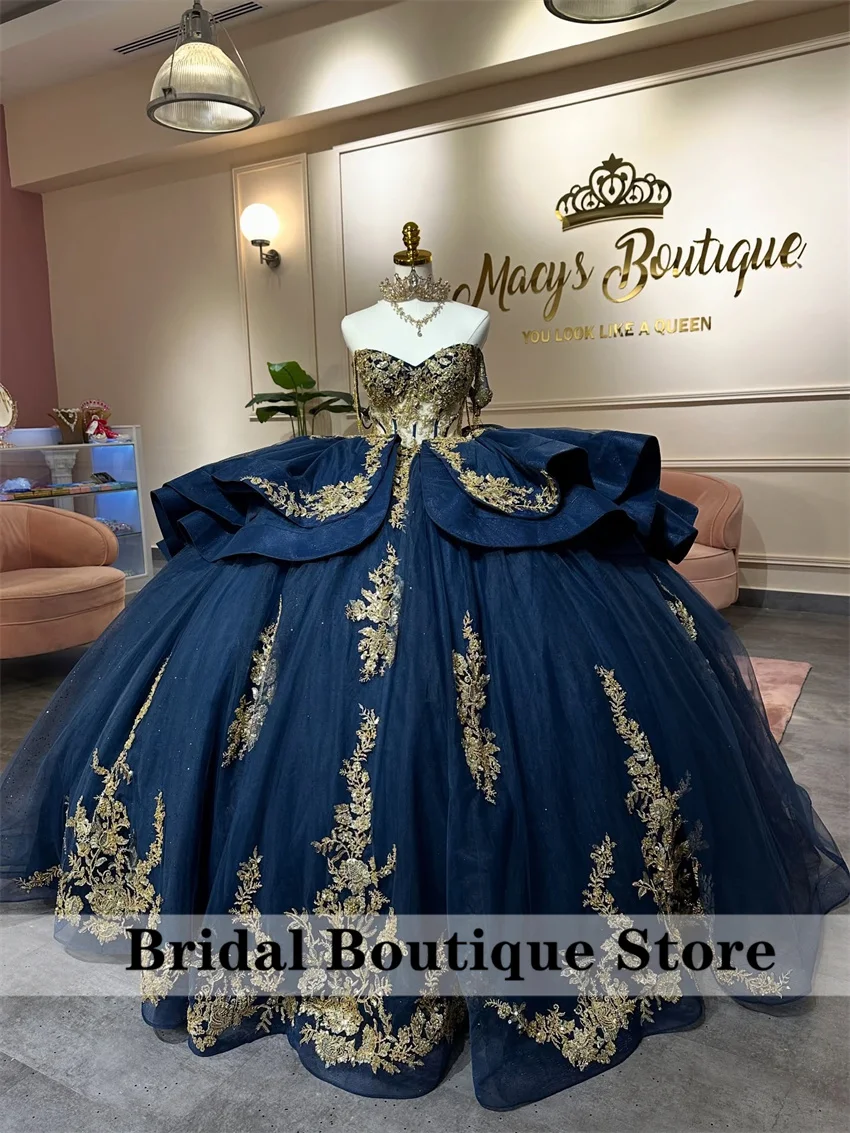 Robes De Quinceanera brillantes bleu marine, dentelle appliquée, perles, cristaux, nœud, fête d'anniversaire, douce 16, personnalisées