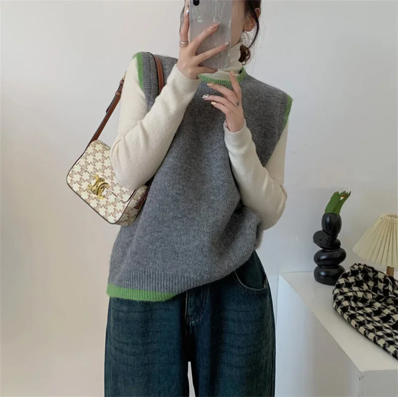 Spring and Autumn New Striped Trim Contrast Color Round Neck Wool Sweater Vest Gray Khaki Women's Winter Tank Top Loose Vest