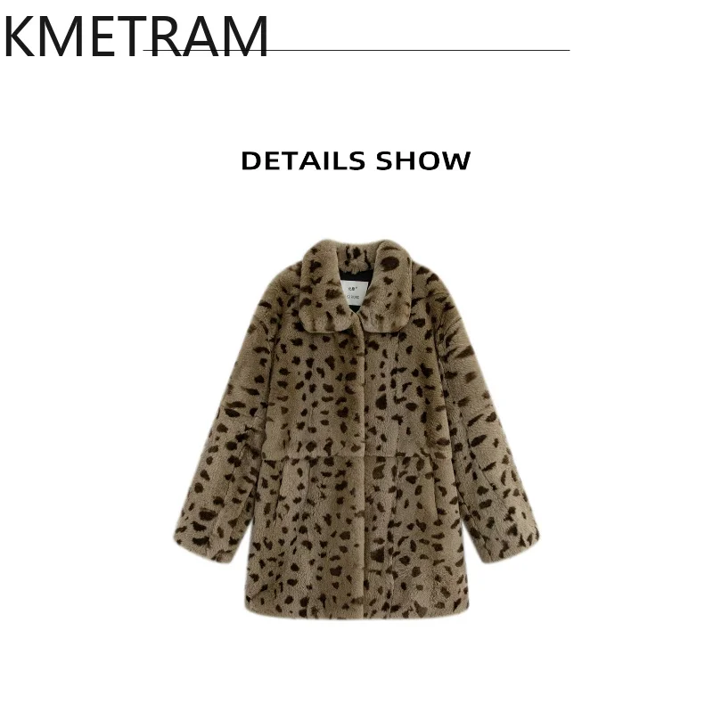 KMETRAM Real Rex Rabbit Fur Jacket Women 2026 New Vintage Leopard Print Winter Coat Women Real Fur Woman Jacket Пальто Женское