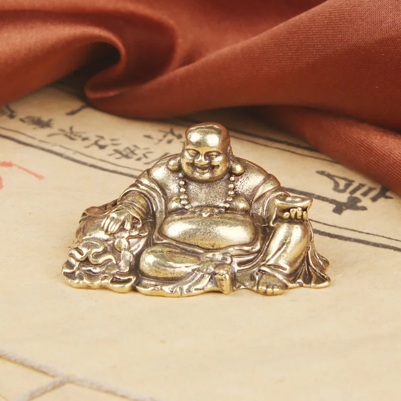 Retro Brass Maitreya Buddha Desktop Ornaments Fortune Double Comes Copper Carving Buddha Statue Crafts Wenwan Collection Copperware Wholesale