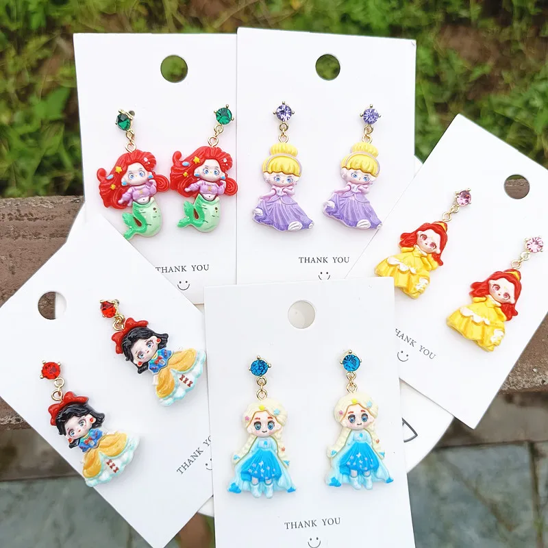 Disney Cartoon Princess Ear Pendants Kawaii Elsa Snow White Mermaid Earring Ornament Jewelry Accessories Girls Charm Gifts