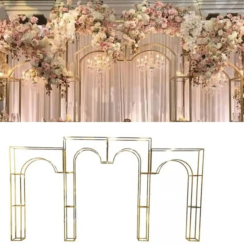 

3pcShiny Gold Square Screen Tridimensional Frame Metal Shelf Wedding Backdrop Decor Geometric Flower Stand Party Stage Arch Prop