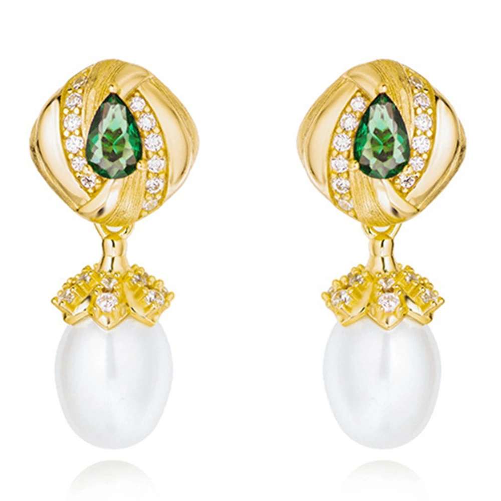 Wong Rain Vintage 18K Gold Plated 925 Sterling Silver Pearl Emerald High Carbon Diamond Gemstone Drop Earrings Stud Fine Jewelry