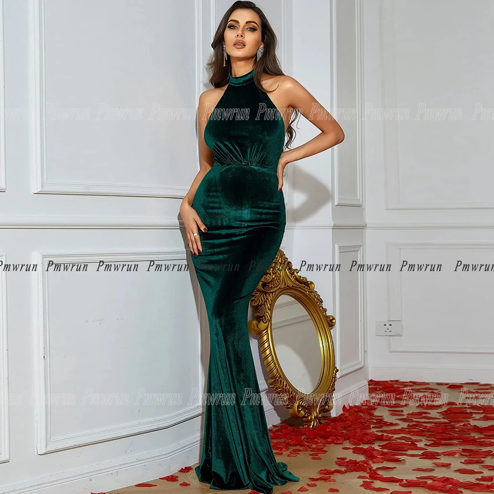 

Halter Velour Mermaid Evening Dresses Sleeveless Floor Length Backless Plus Size for Woman Simple Prom Party Gown Formal