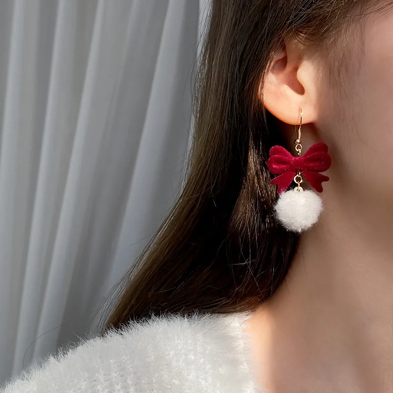 Vintage Red New Christmas Flocking Earrings for Women Bow-knot C-Shape Pearl Rhinestone Drop Earring Jewelry Party Gift 2025