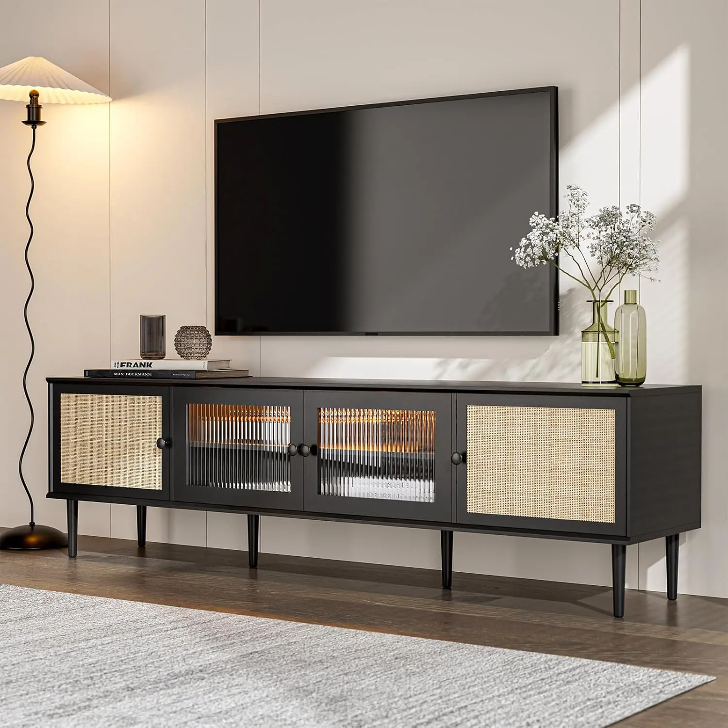 TV Stand for 75 Inch TV, Modern Entertainment Center with 2 Rattan Doors, 2 Glass Doors and LED Lights, Black Console Table