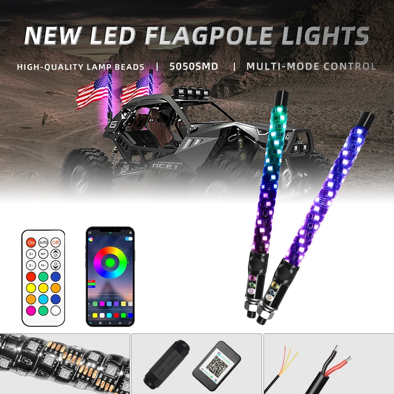 

2pcs Spiral Whip Lights Remote Control, Turn Signal & Brake Lights Function, Dream-Color Dancing For UTV RZR Can-Am SxS Sand