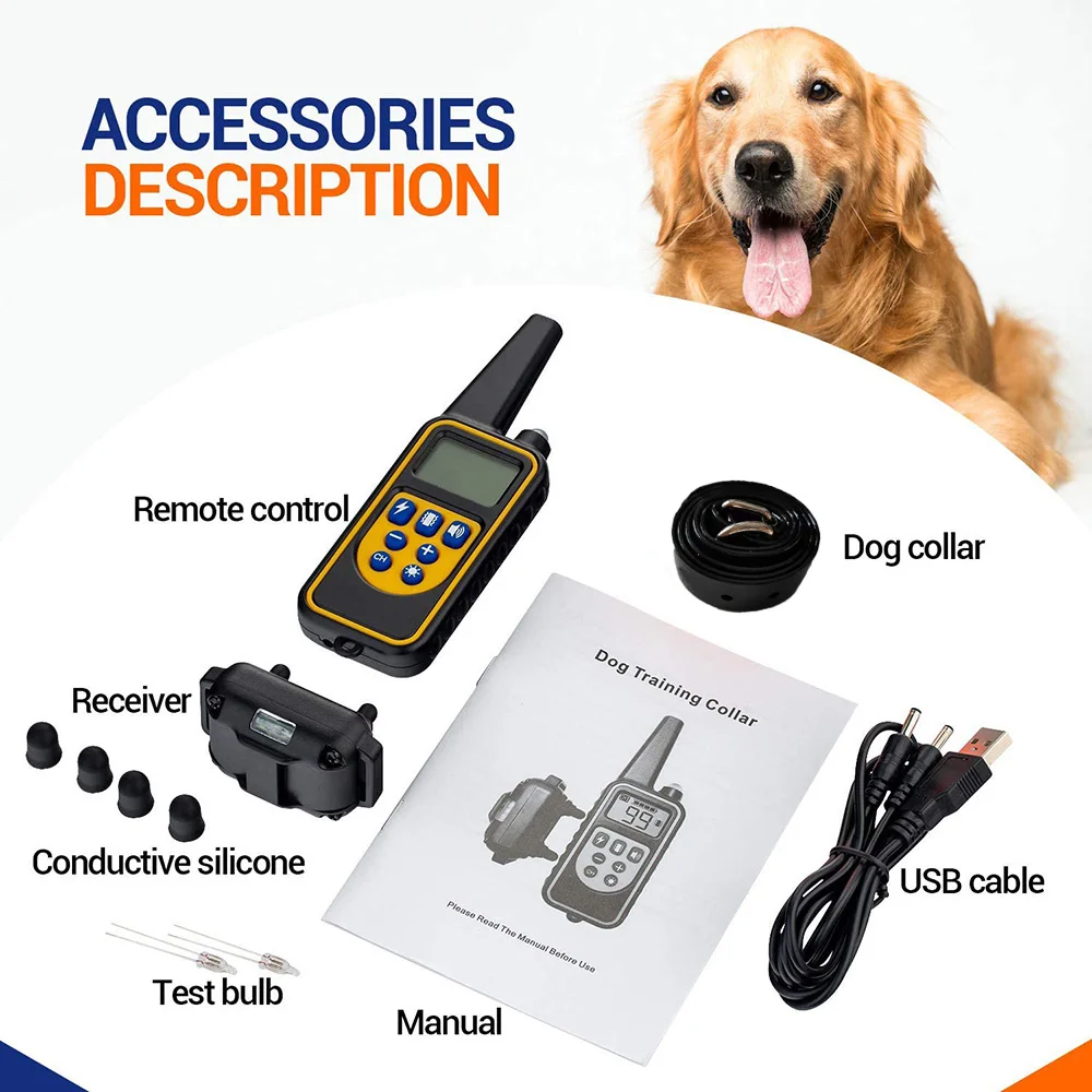 Electric Dog Training Collar 800m Waterproof Pet Remote Control Rechargeable with Shock Vibration Sound Ecollar