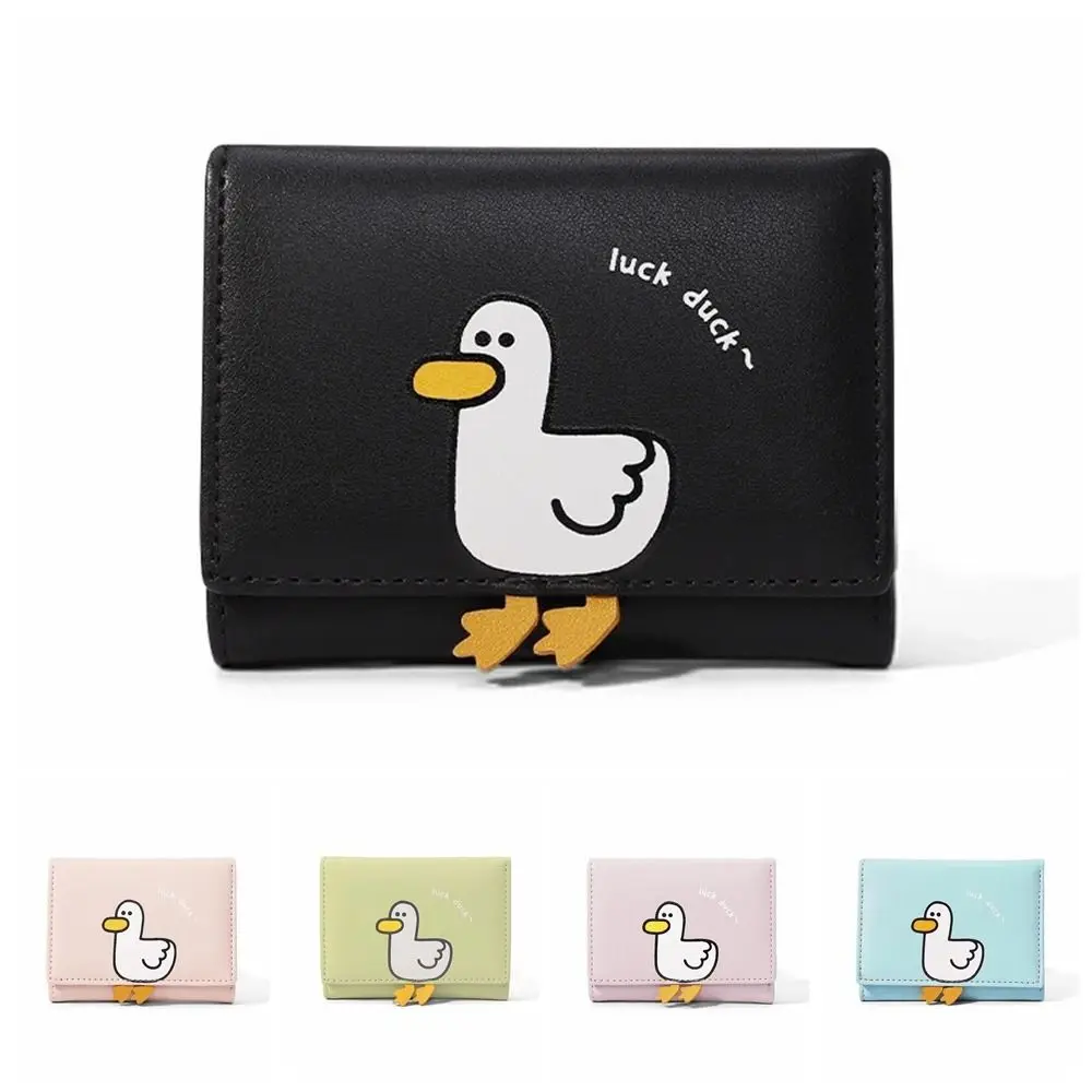 Casual PU Leather Kawaii Women Wallet Luck Duck Hasp Short Fold Wallets Creative Cartoon Trifold Coin Purse Female