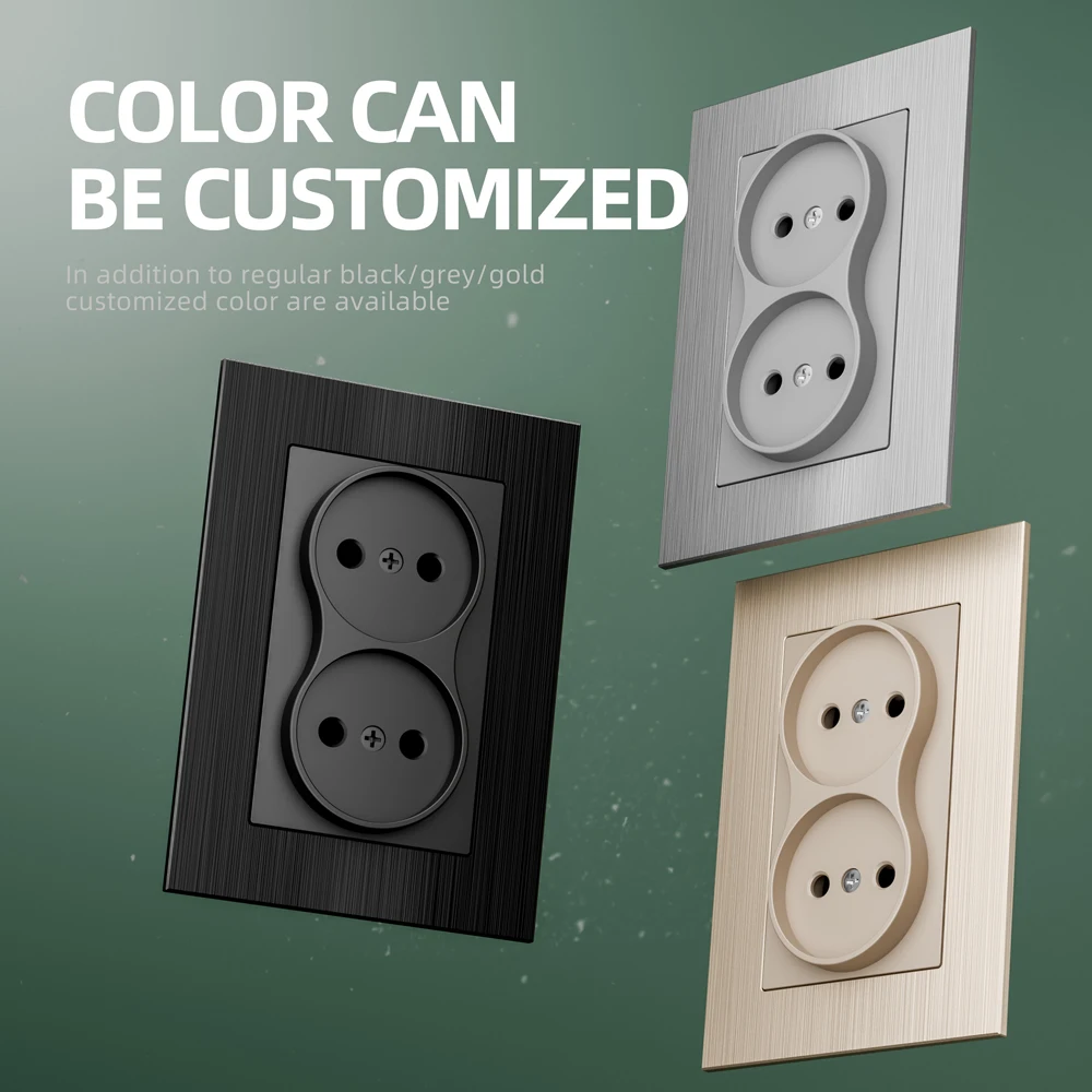 EU standard double socket  86*120 black grey gold Russia wall socket 250V 16A aluminum brushed panel CE RoHS authentication