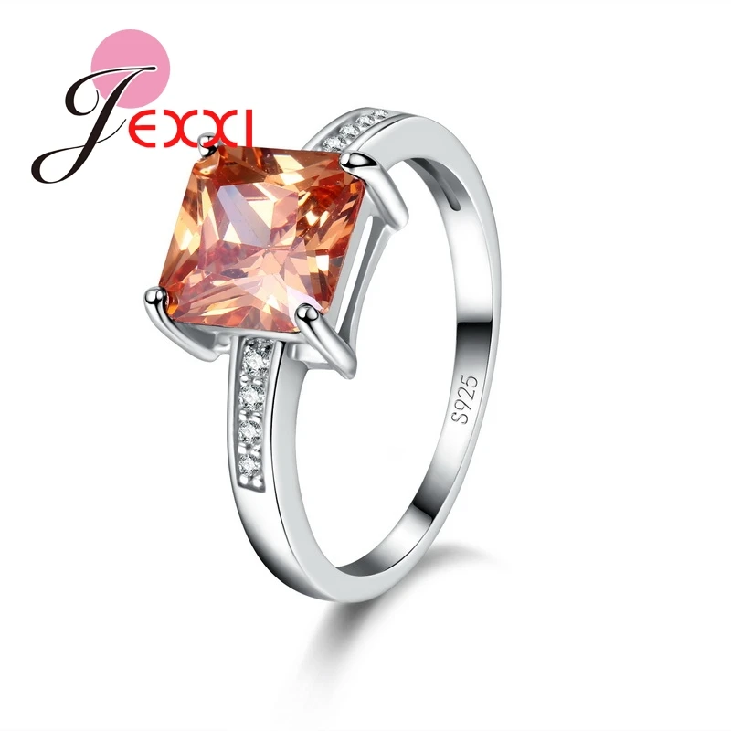 Square Orange Gems Crystal Ring Female 925 Sterling Silver Cubic Zircon Finger Rings Jewelry Wedding Engagement Gifts