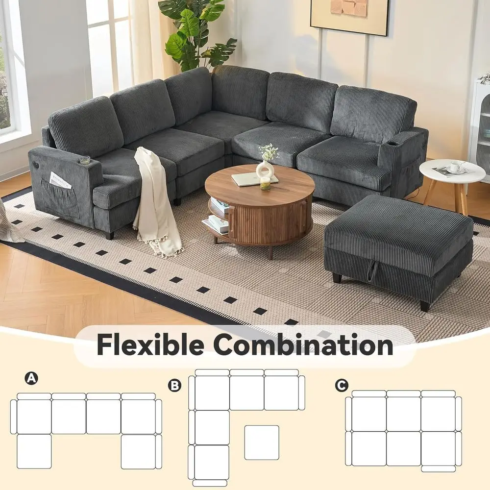 أريكة مقطعية على شكل حرف L باللون الرمادي مع مساحة تخزين وUSB، أريكة سحابية مريحة لغرفة المعيشة وغرفة النوم، تصميم وحدات حديث (3