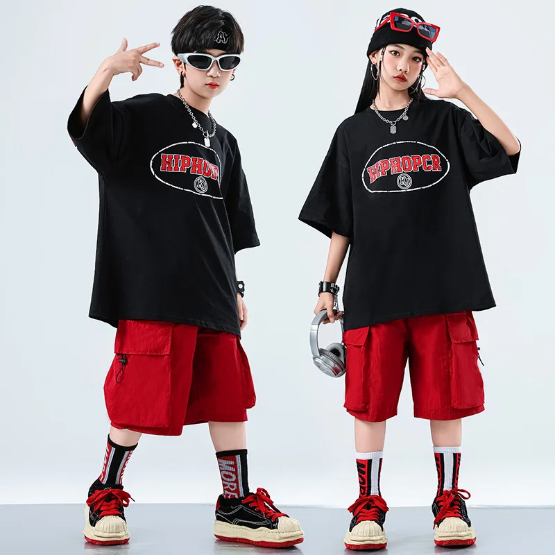 زي أداء رقص الهيب هوب للأطفال في الشارع، تي شيرت بأكمام قصيرة للأولاد، بدلة شورت أحمر للفتيات، عرض أزياء وسيم