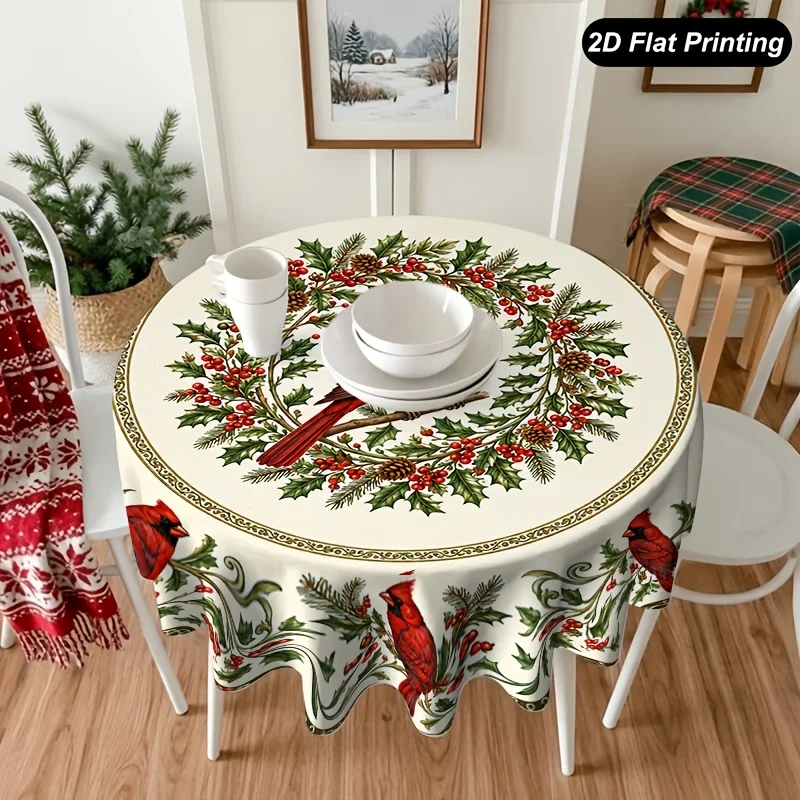 1 piece of 2D flat print Christmas round tablecloth, cardinal tree Christmas decoration, Christmas home decoration