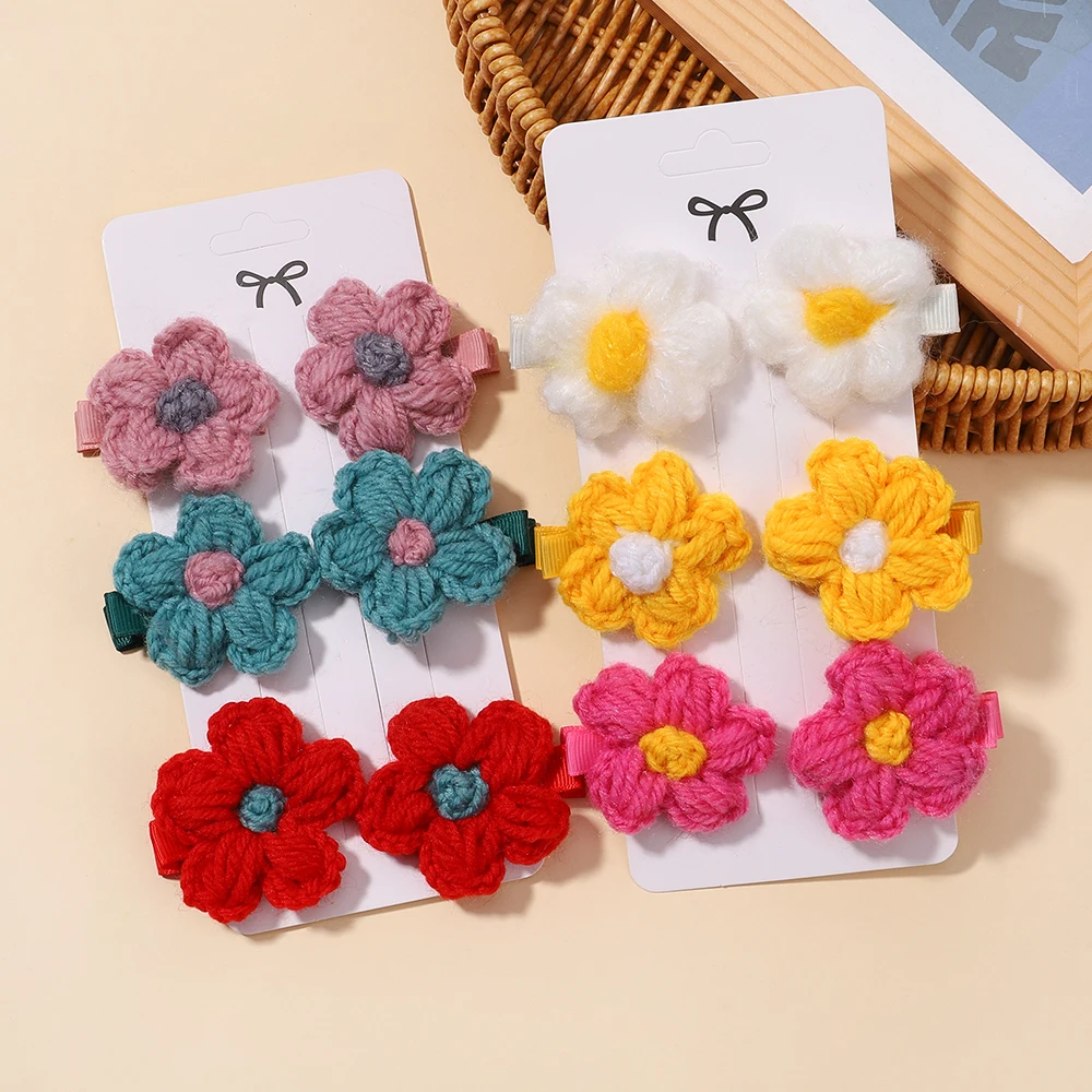 6pcs/set Flower Hairclips for Girls Wool Knitting Headwear Handmade Crochet Small Puff Kids Hairpins Cute Baby Hair Accessories