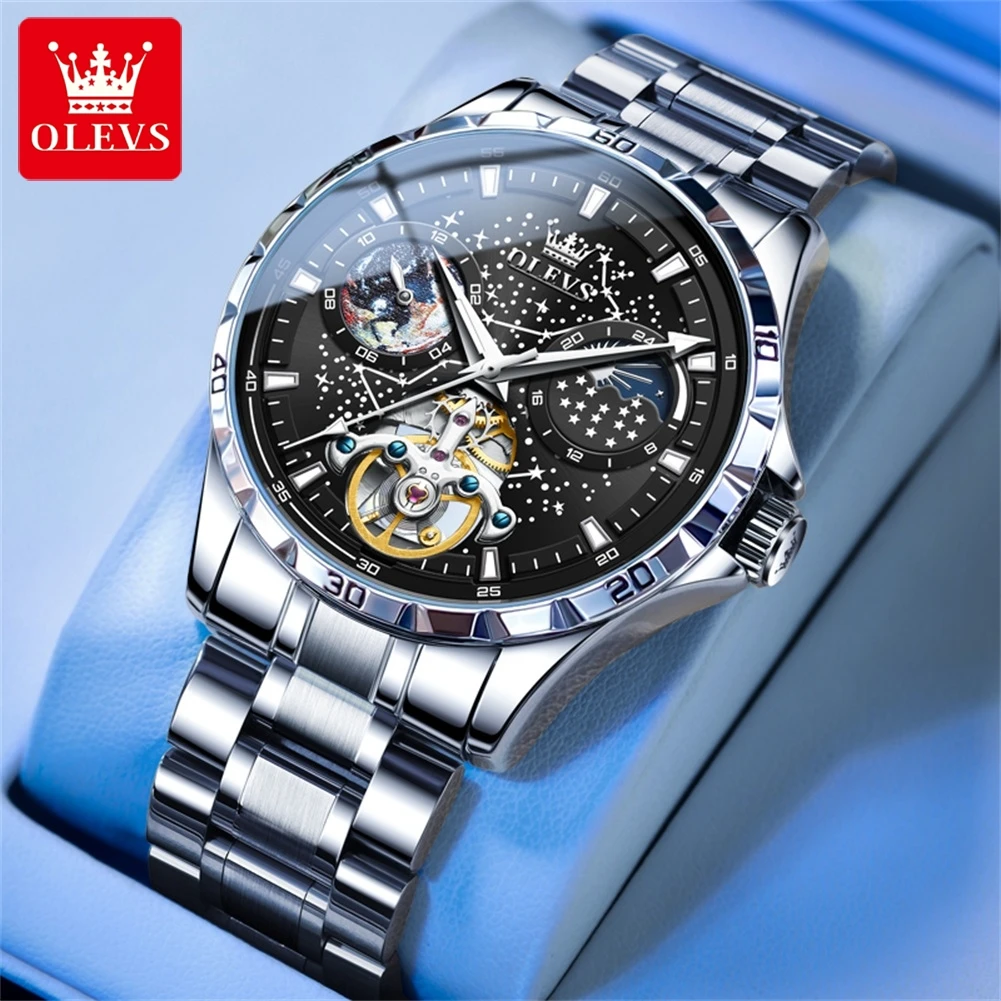 OLEVS Brand Original Men\'s Watches Luminous Fully Automatic Mechanical Watch Waterproof  Moon Phase Starry Multifunctional