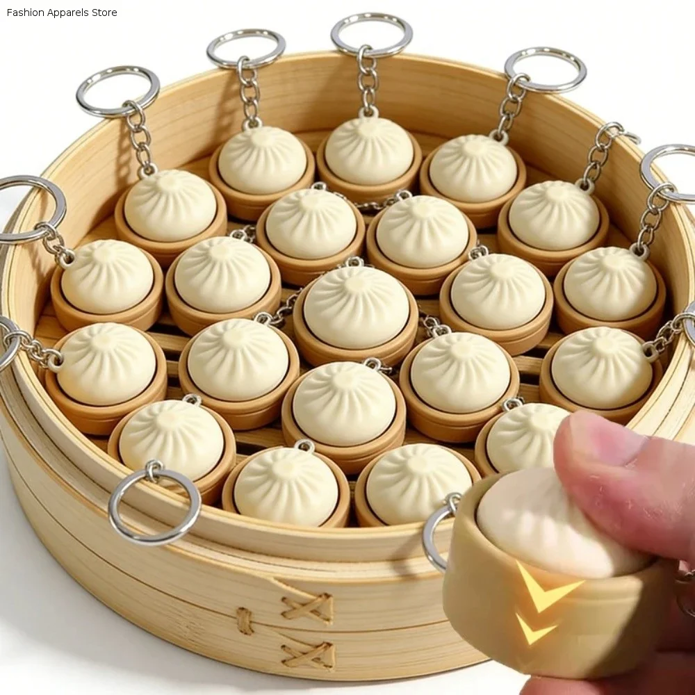 Bag Decoration Cute Steamed Bun Keychain Simulation Mini Stress Relief Keychain Food Theme Relaxed Sensory Clicker Gift Giving