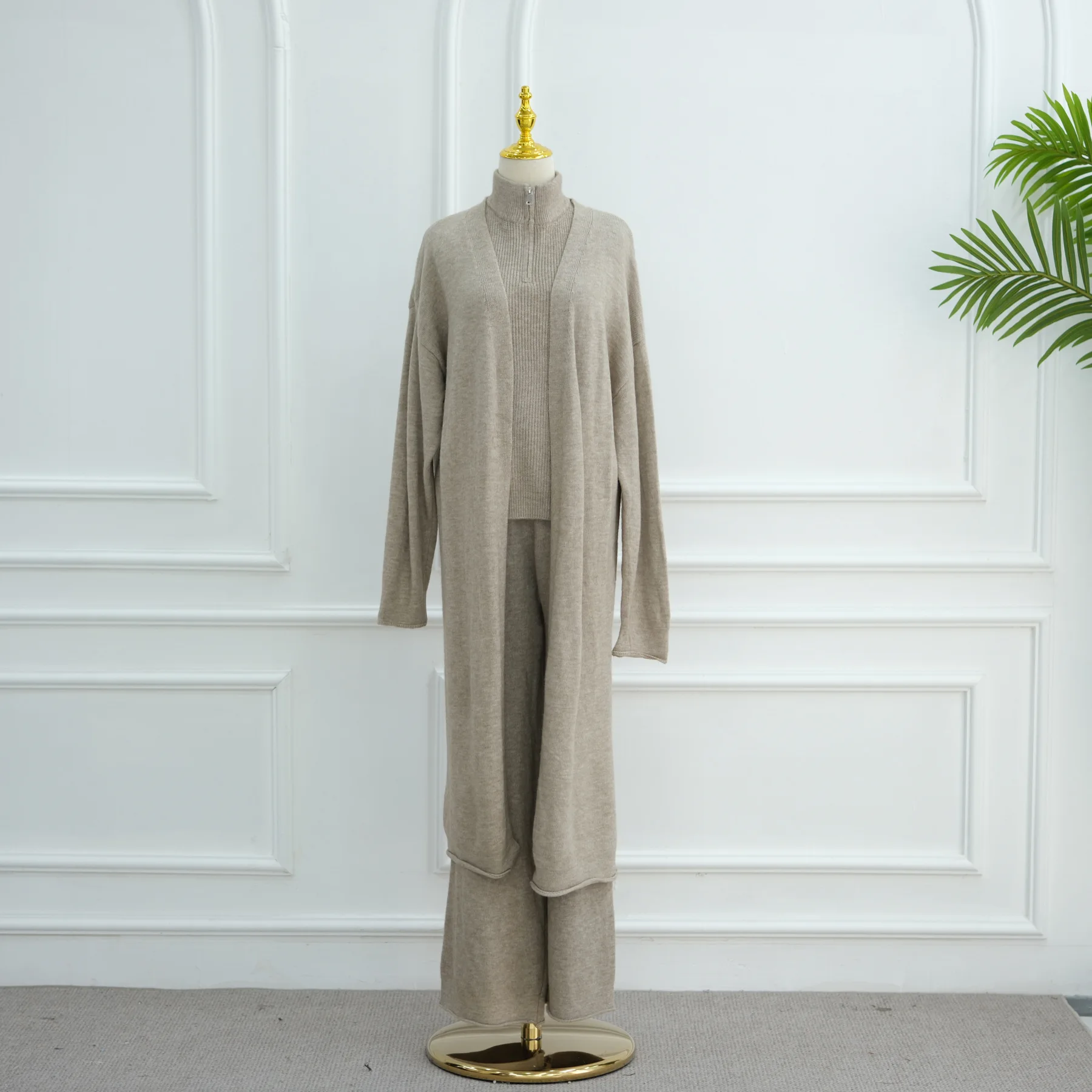 3PCS Winter Knitted Muslim Sets for Women Kimono Cardigan Sleeveless Tops Pants Islam Clothing Dubai Abaya Kaftan Dress Outfits