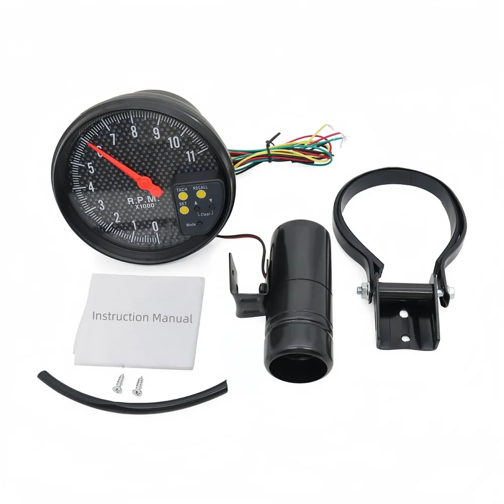 5 Inch Car Tachometer LED Display Carbon Fiber Face 12V Colorful Backlight Fits 1 to 8 Cylinder Engine Vehicles