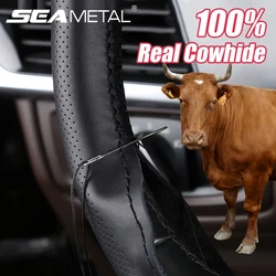 SEAMETAL 100% Echt Leer Stuurhoes Ademend Slijtvast Gevlochten Auto Stuurhoes Universeel voor 37-39 cm