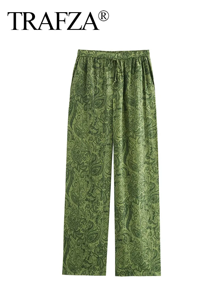 TRAFZA 2024 Woman Side Pockets Slim Casual Wide Leg Pants Women Retro Green Print Drawstring High Waist Chic Loose Trousers