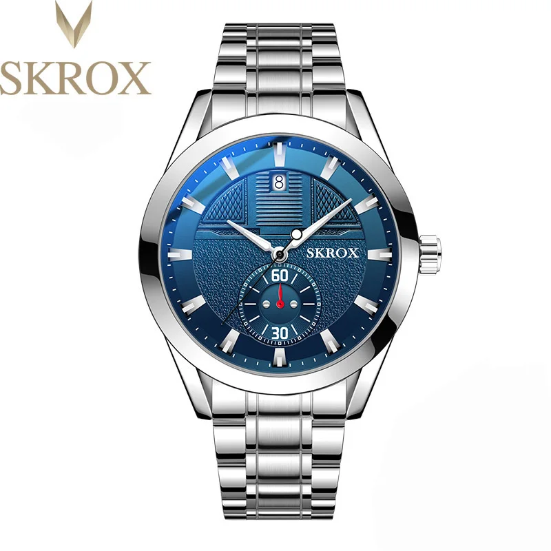 SKROX Orologio da uomo originale quadrante blu in acciaio inossidabile meccanico automatico impermeabile luminoso militare orologi da polso maschili