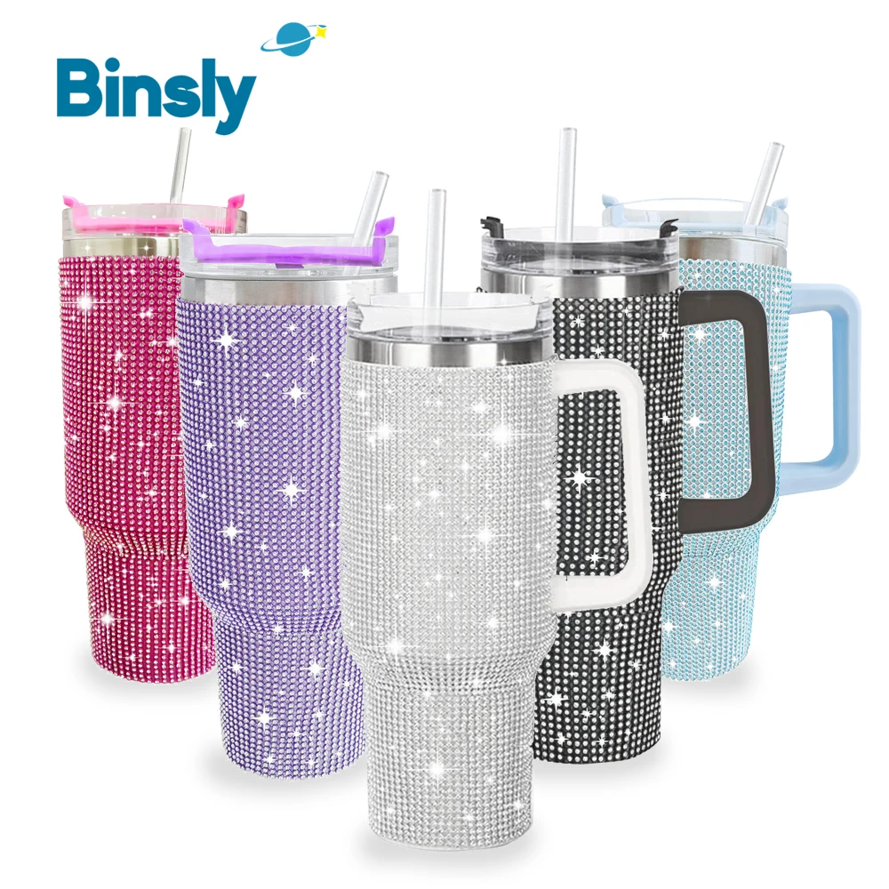 

Автомобильная чашка ручной работы со стразами и бриллиантами, 40 унций, большая емкость, изолированный стакан из нержавеющей стали 304, термосы с ручкой