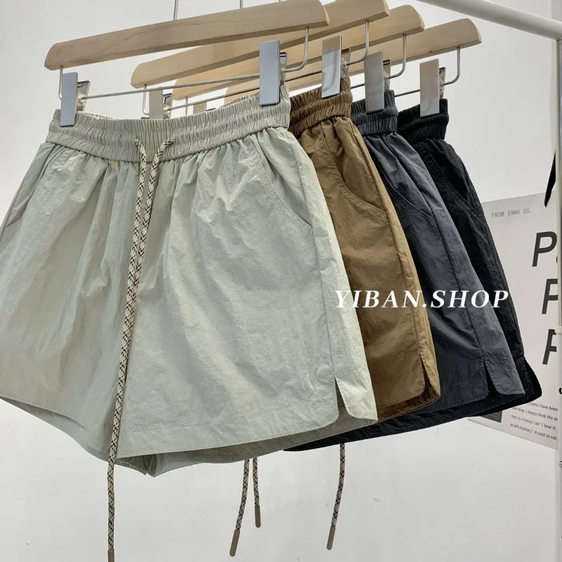 American Quick-drying Sports Shorts Women Summer New Thin Breathable Elastic Waist Drawstring A-line Wide-leg Hot Pants