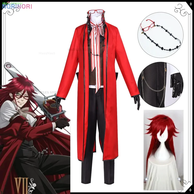 Black Butler Grell Sutcliff Michaeli Cosplay Costume, Perruque Uniformes, Anime Cosplay, ixd'Halloween, Barrage Unisexe, Lunettes Rouges Trempées