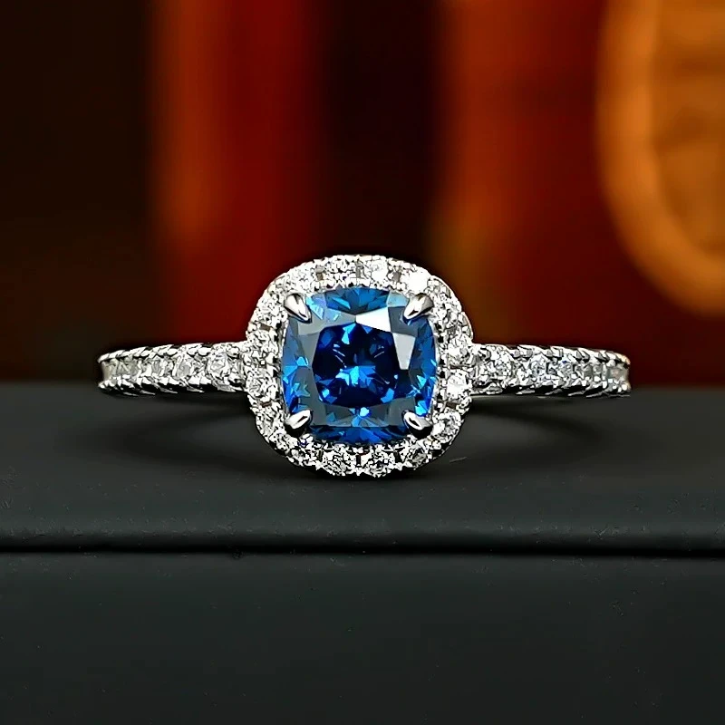 S925 Silver Ring 6 * 6mm Fat Square Blue Zircon Inlaid Women's Minimalist Ring Engagement Jewelry