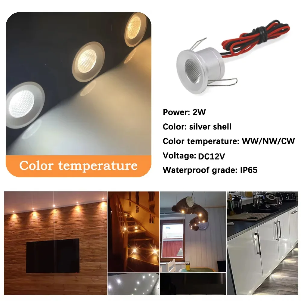 LED Silver Mini Recessed Spot Light, Ceiling Downlights,Stairs,Cabinet Lamp, Outdoor Spotlight,Caravan spot light,2W, 12V, IP65