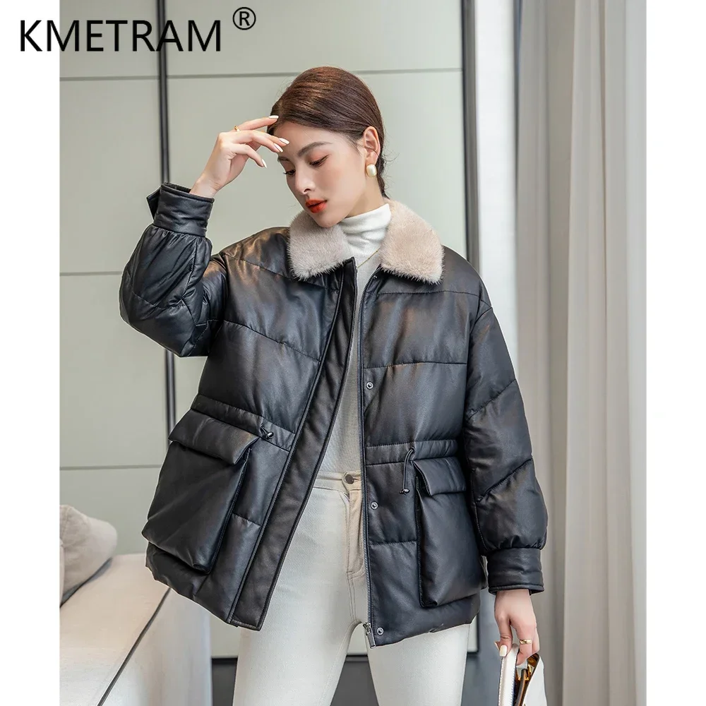 Real Leather Jacket Women Genuine Sheepskin High Quality White Duck Down Coats Luxury Mink Fur Collar Loose Warm Waisted Parkas