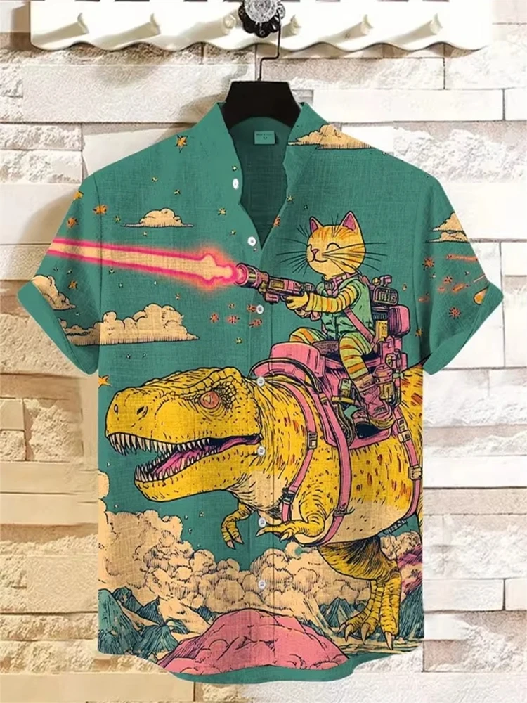 

Men's Cat-Print 3D T-Shirt Breathable Summer Short-Sleeve Button-Down Relaxed-Fit Top Vacation-Style Hawaiian Shirt