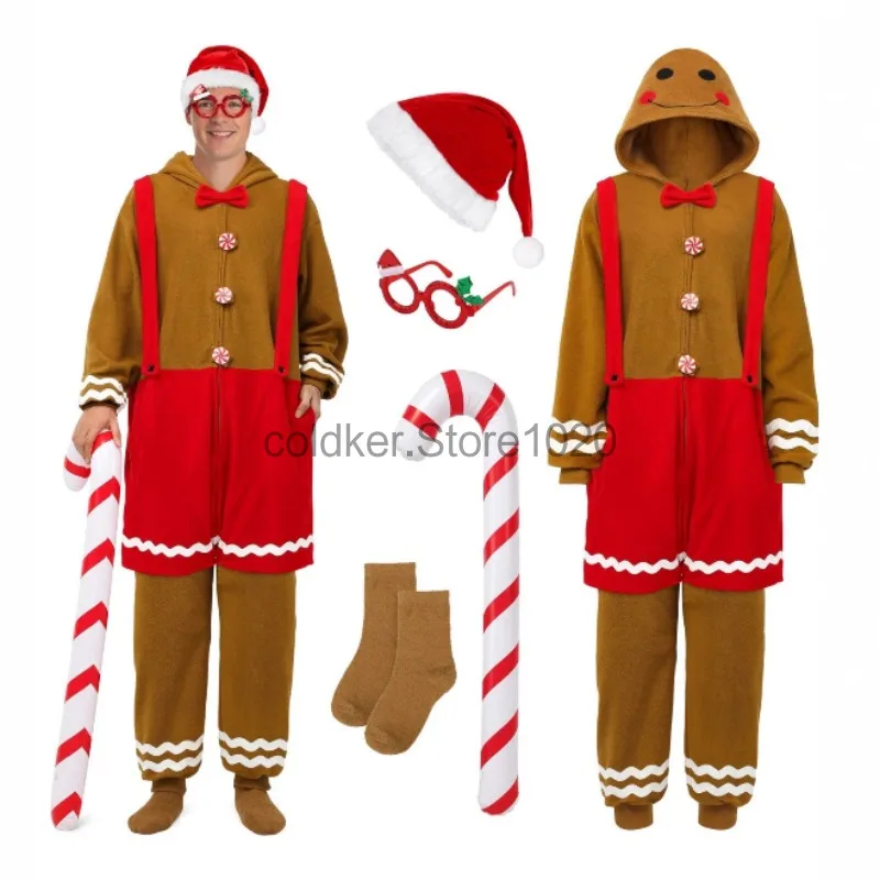 Disfraz de hombre de jengibre de Navidad para hombres y mujeres, Halloween, dibujos animados para adultos, galleta de jengibre marrón, Cosplay, pijama con capucha, mono