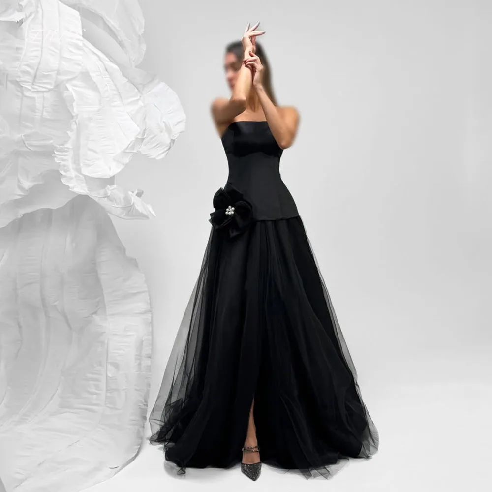 TULX élégant noir 3D dentelle robe de soirée sans bretelles Satin robe de soirée une ligne longue Tulle formelle Occasion robe personnalisée 2026