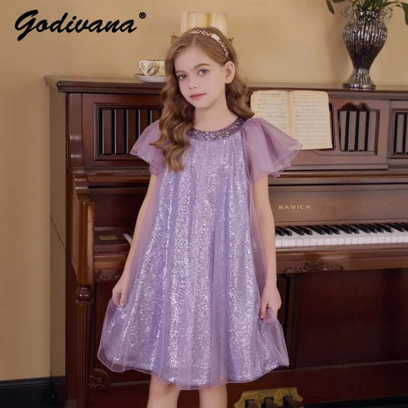 

Little Girls European Style Elegant Princess Dress 2026 Summer New Fashion Cute Kids Mesh Sequined O-neck Flying Sleeve Dresses