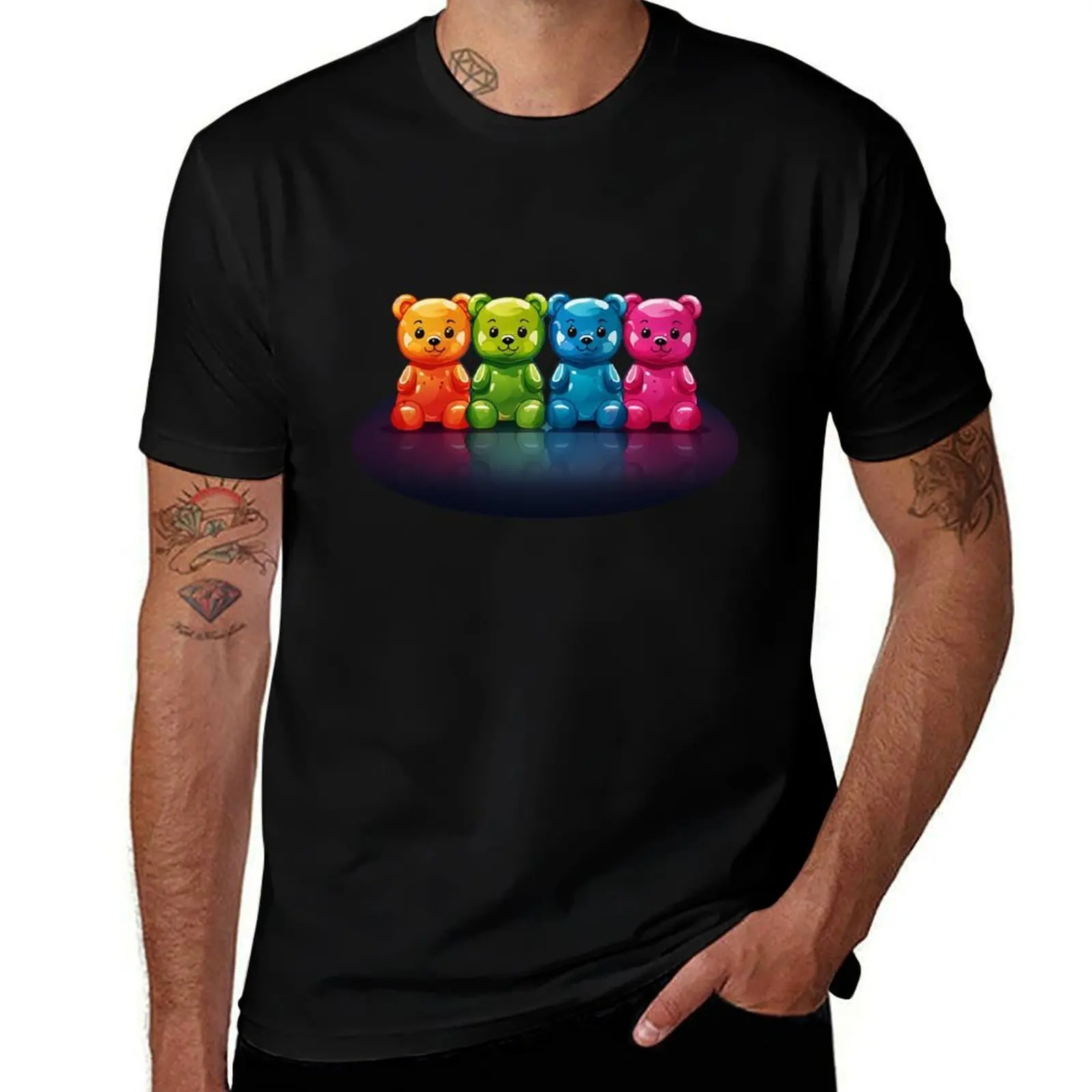 Candyland Cuties - Rainbow Gummy Bears On A Black Background T-Shirt Big Size Short Sleeve Casual Top