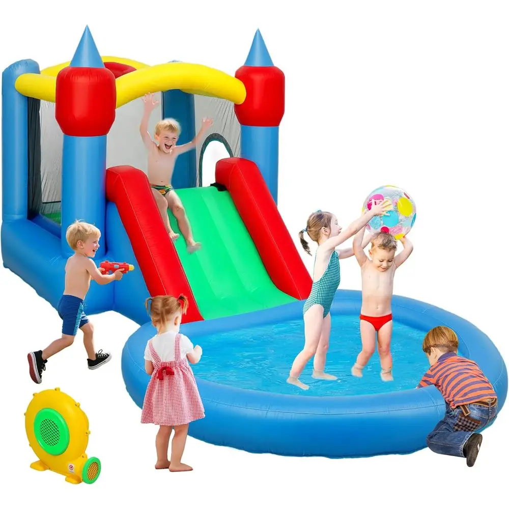 

4-in-1 Inflatable Bouncy Castle with Slide, Basketball, Ball Pit, 370W Blower, Storage Bag, Suitable for Indoor and Outdoor Part