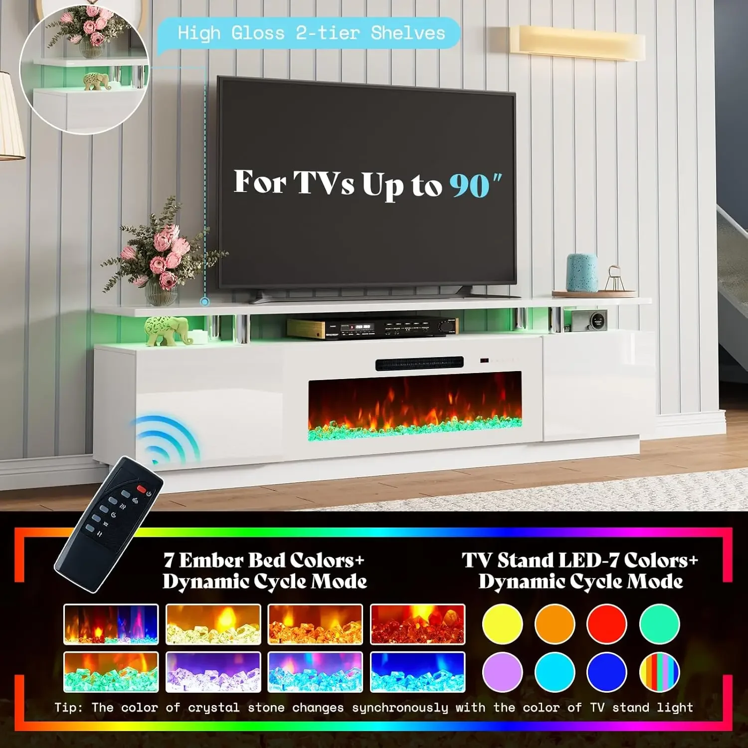 Soporte para TV con chimenea de 40", luces LED modernas para centro de entretenimiento con chimenea de alto brillo de 80", blanco y blanco