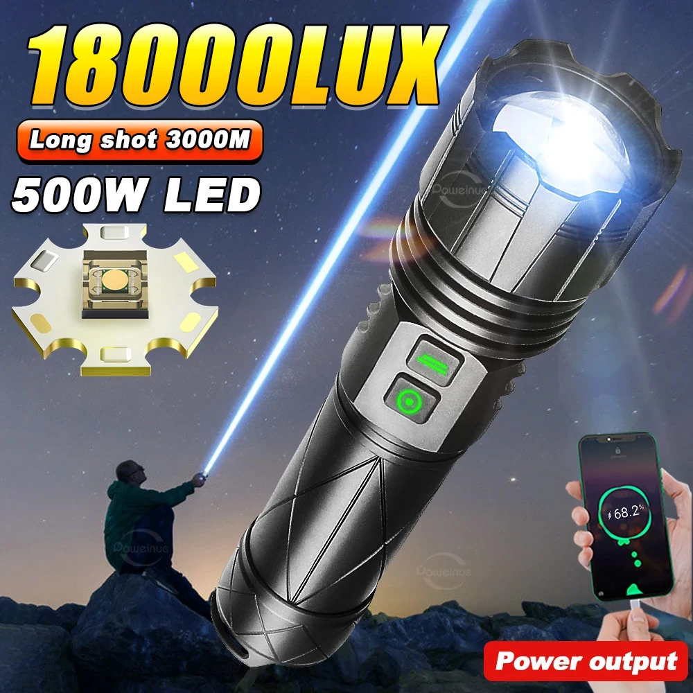 18000LUX Ultra Powerful Flashlight  500W Long Range 3000M High Power Led Flashlights Usb Rechargeable Very Strong Torch Lantern