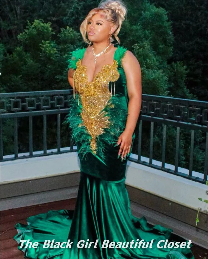 Dark Green Luxury Prom Dresses Black Girls Feather Rhinestone Sequins Tassels Decoration Party Gowns 2024 Sexy Fishtail Dresses