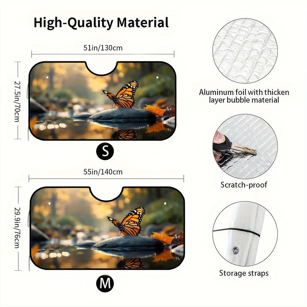 1pc Car Front Sunshade Showcasing A Print Of A Monarch Butterfly Reflecting On An Autumn Stream, Comes With Quick-Mount Suction