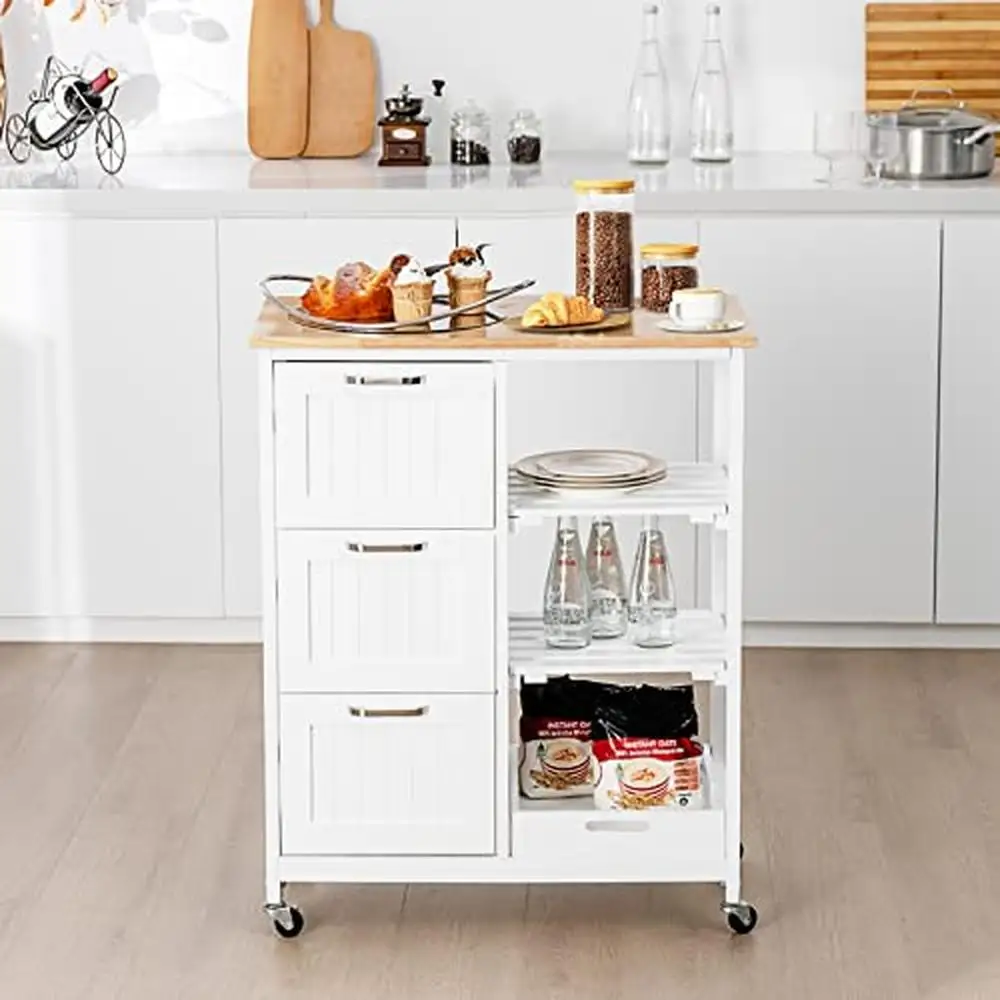 Kitchen Island Cart with Storage & Drawers Mobile Serving Cart with Lockable Casters Flexible Designs & Removable Tray Painted