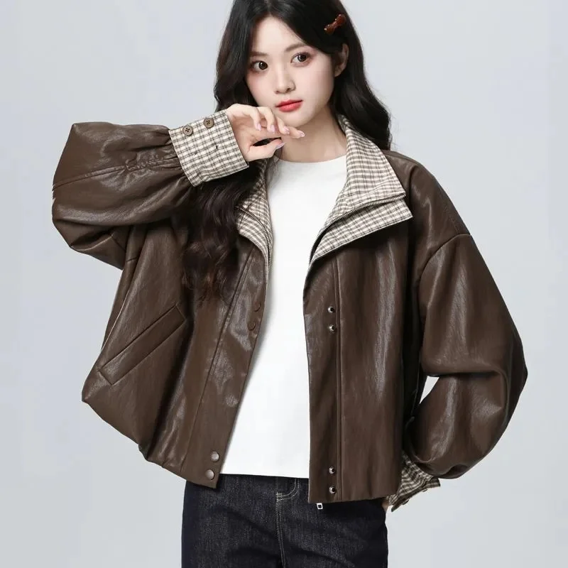 冬用女性用ラペルフェイクレザーアウター秋用レディース長袖レザージャケット韓国風女性用パッチワークルーズPUレザーコート